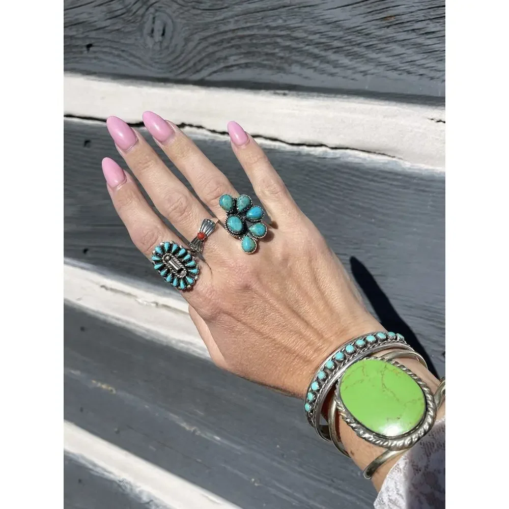 Sterling Silver NATIVE Style Turquoise Cluster Ring Size 7 Large SW Statement - Picture 5 of 11